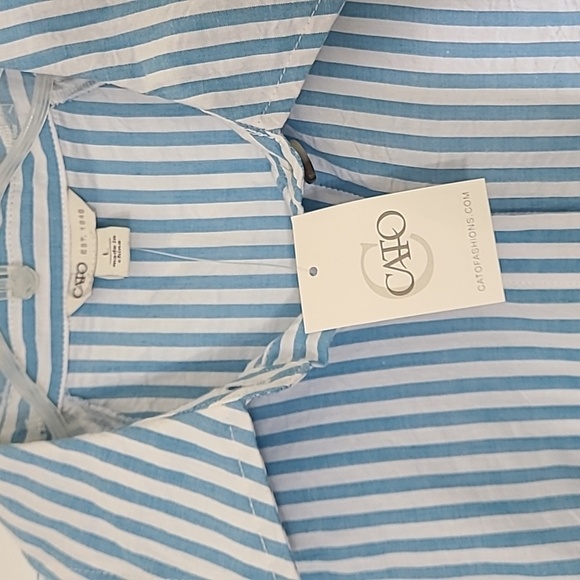 CATO Women's Blue & White Striped Button Up Blouse Puff Sleeves - Size Large NWT - Picture 2 of 13